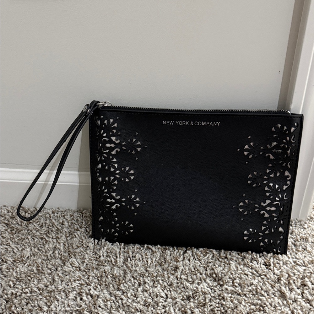 New York & Company Black Laser-Cut Wristlet Clutch with Removable Strap